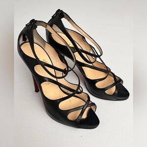 Christian Louboutin Black Leather Strappy Heels Red Bottoms size 40 9.5